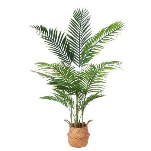 Ferrgoal Artificial Areca Palm Plants 4.6Ft Fake Dypsis Lutescens Tree with 15 Trunks in Pot and Woven Seagrass Belly Basket Tropical Faux Plant for Home Indoor Outdoor Office