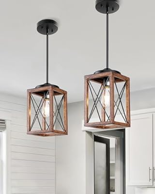 DEWENWILS 2 Pack Farmhouse Pendant Light, Metal Hanging Light Fixture with Wooden Grain Finish, 48 Inch Adjustable Pipes for Flat and Slop Ceiling, Kitchen Island, Bedroom, Dining Hall, ETL Listed