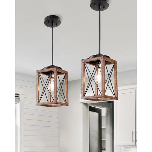 DEWENWILS 2 Pack Farmhouse Pendant Light, Metal Hanging Light Fixture with Wooden Grain Finish, 48 Inch Adjustable Pipes for Flat and Slop Ceiling, Kitchen Island, Bedroom, Dining Hall, ETL