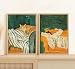 2Pcs Emerald Green Abstract Texture Wall Art Orange Cat and Woman Sleeping on Sofa Picture Wall Decor Modern Minimalist Stripe Kitten Poster Painting Prints Artwork for Living Room Bedroom, Unframed