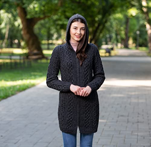 SAOL 100% Merino Wool Aran Irish Cardigan for Women with Pockets, Hood and Celtic Zipper3