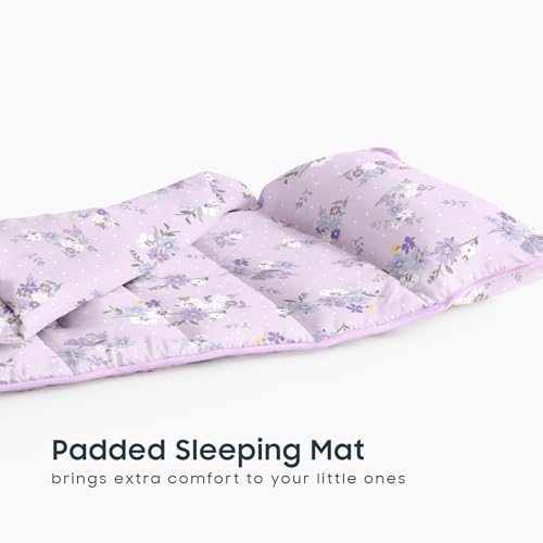 Image of Wake In Cloud - Toddler Nap Mat with Pillow and Blanket, 100% Cotton Fabric, for Kids Girls Ages 3 Plus in Daycare Kindergarten Preschool, Roll Up Sleeping Bag, Floral Flowers