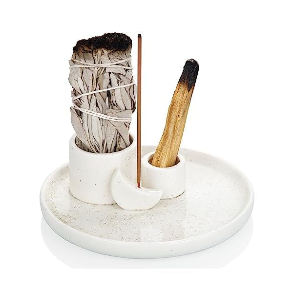 Zenbless 4 in 1 incense burner holder palo santo holder sage holder for burning incense holder for sticks candle holder 59 inches ceramic ash catcher tray for meditation yoga roomwhite  urban country home decor