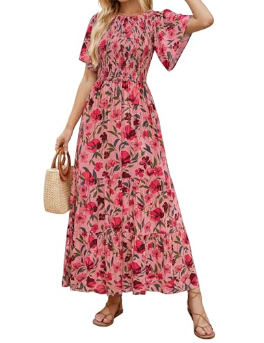 Image of ZESICA Women's 2026 Summer Boho Floral Maxi Dresses Casual Short Flutter Sleeve Smocked Tiered Flowy Dress