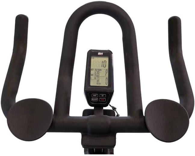 Close-up of the LCD monitor on the handlebars of the BH Vanquish Indoor Cycling Bike.