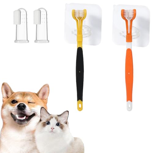 Image of 6 Pcs Dog Toothbrush Set: Triple Head & Pet Finger Toothbrush, Black & White, Manual, Suitable for Cats & Dogs
