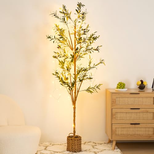 6ft Artificial Olive Tree with LED Fairy Lights, Tall Faux Potted Plant with Woven Basket - Natural...