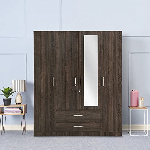 Image of Wakefit Wardrobe | 1 Year Warranty | Engineered Wood Almirah, Cupboard for Clothes Storage | 4 Door, Mirror, 1 Drawer, 1 Hanging Space | Organza Plus - Napa Oak