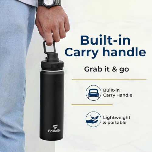 Image of Fruitalite Thermosteel Insulated Fruit Infuser Water Bottle- 700ml with Screw /Spout Lid, Steel Infusion Rod, Infused Detox Recipe eBook, Double-Wall Vacuum Stainless Steel Bottle- Black