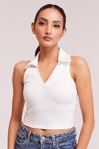 Image of BERRY BIRD Stylish Sleeveless V-Neck Slim Fit Collar Ribbed Knit Tank Crop Tops for Women & Girls Beach and Gym Wear and Western Trendy Fashion