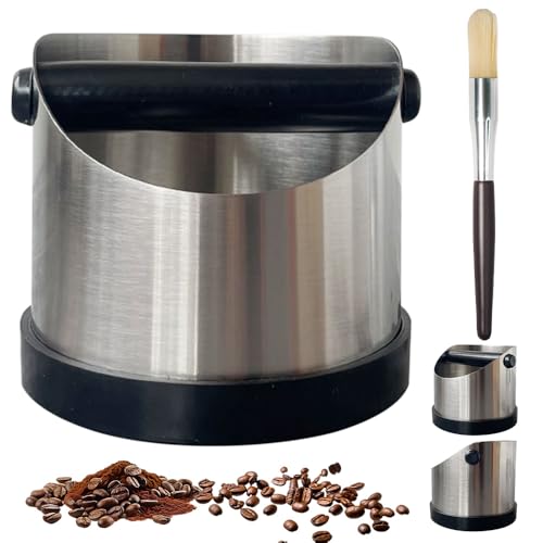 BIZOI Stainless Steel Coffee Grounds Knock Box with Removable Knock Bar and Brush, Non-Slip Base Espresso Waste Container for Coffee Makers
