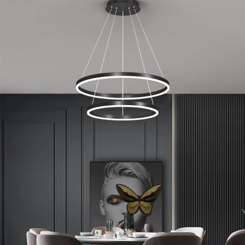 Lustre à LED à anneaux noirs luminaire suspendu moderne en fer réglable