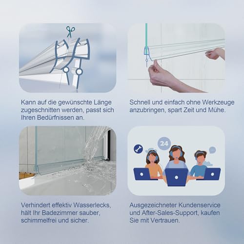 HNNHOME Badewannen- und Duschwand-Dichtung aus Kunststoff, für gerade und gebogene Türen mit einer Glasdicke von 4 - 6 mm und für Spalten von 16 - 22 mm