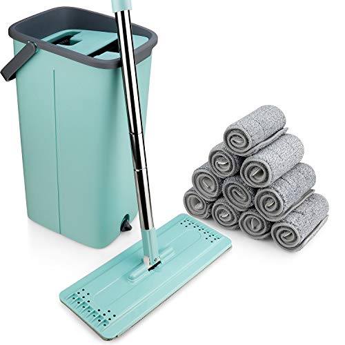 eXuby Flat Mop and Bucket - Includes 10 Washable Microfiber Mop Heads