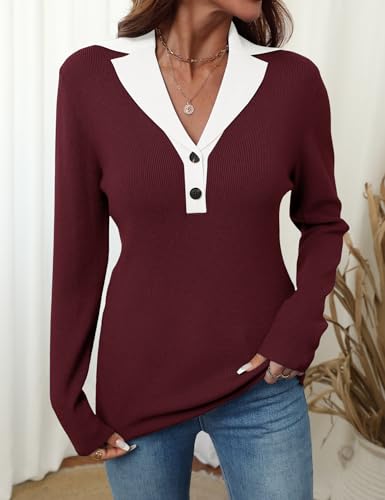 Image of LOMON Sweaters for Women 2025 Fall Knitted V-Neck Collared Button Pullover Dressy Casual Long Sleeve Polo Shirts Business