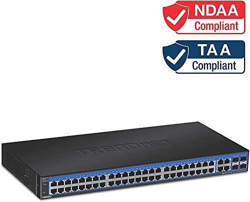 Image of TRENDnet 52-Port Gigabit Web Smart Switch, 48 Gigabit RJ-45 Ports, 4 Shared Gigabit Ports (RJ-45 or SFP),104 Gbps Switching Capacity,VLAN, QoS, LACP, IPv6, Lifetime Protection, Black, TEG-524WS