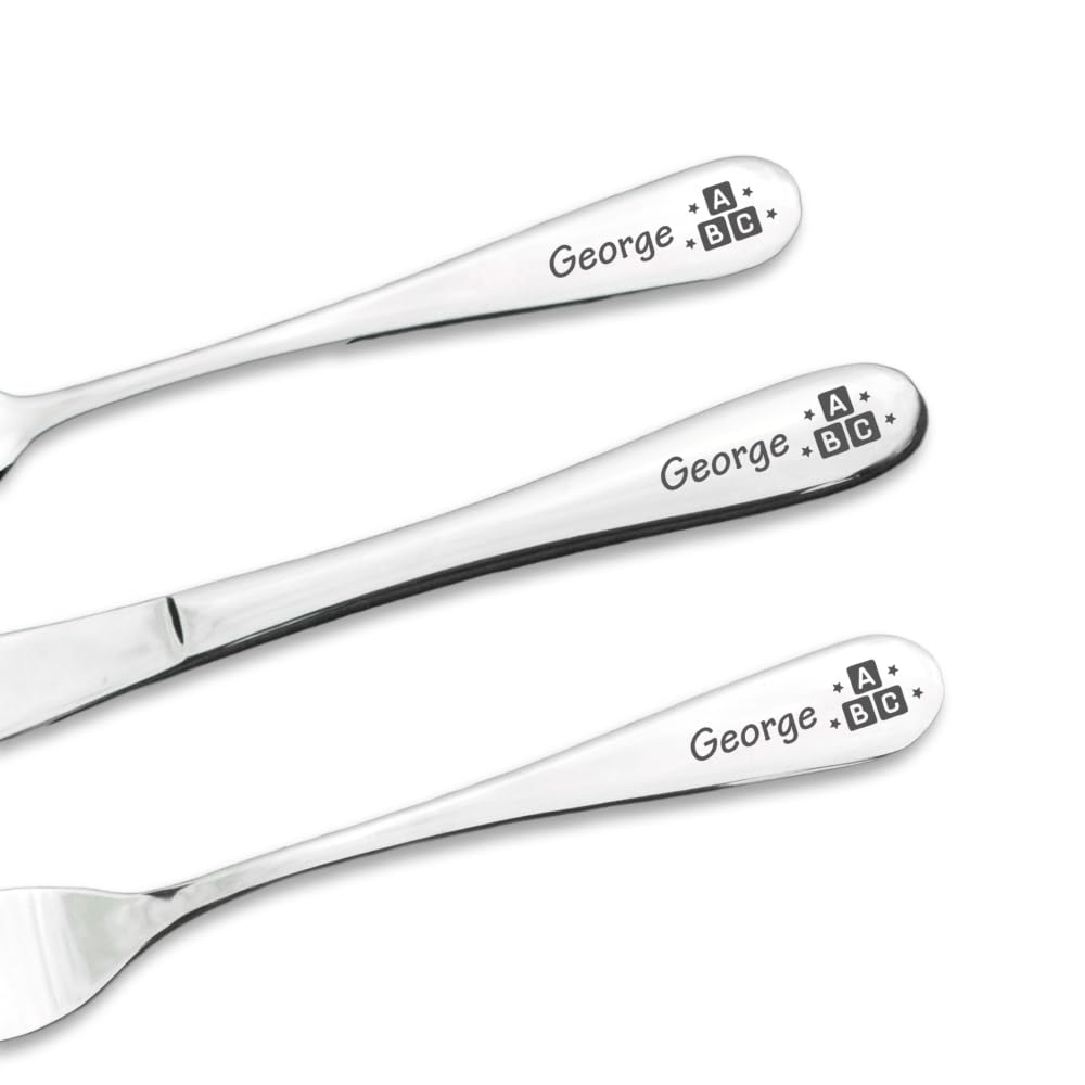 Personalised Engraved Childrens Cutlery Set Christening Birthday Kids Gift Idea (ABC Blocks) — image 1