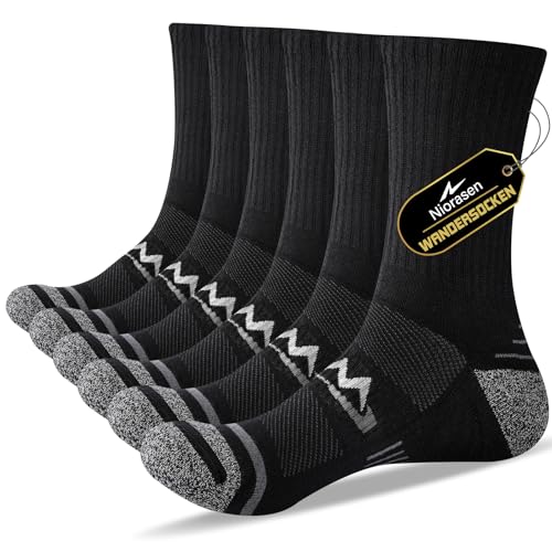 Niorasen Wandersocken Herren, 3 Paar Atmungsaktiv Gepolsterte Sportsocken Baumwolle, Anti Blase Funktionssocken Arbeitssocken, Dicke Outdoor Socken für Trekking, Tennis, Laufen, Schwarz 43-46