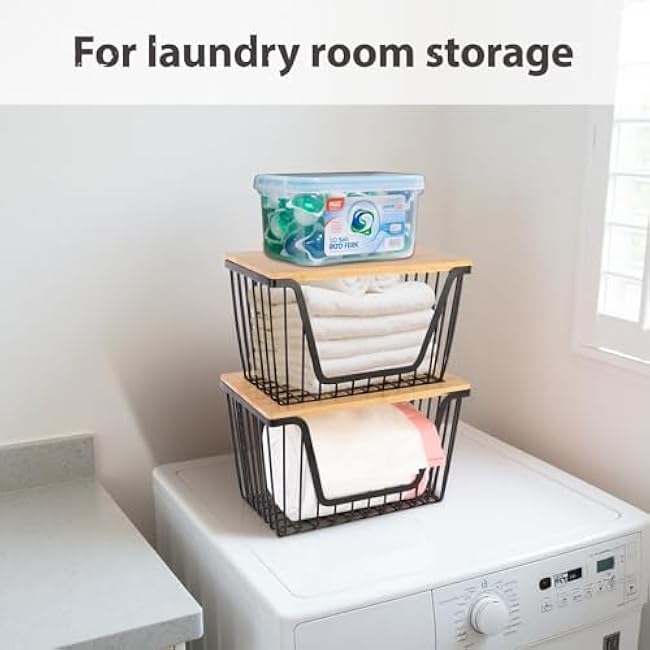 2 Pack Storage Stackable with Bamboo Top for Kitchen Laundry Room Organizers, Large Trash Bag Holder and Garbage Bag Dispenser