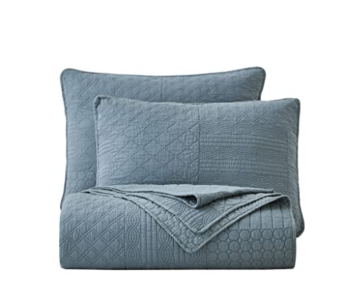 Chezmoi Collection Motley 2-Piece Classic Geometric Patchwork Embroidered Quilt Set - Pre-Washed Cotton Bedspread Coverlet Set, Twin Size, Blue #TOP5