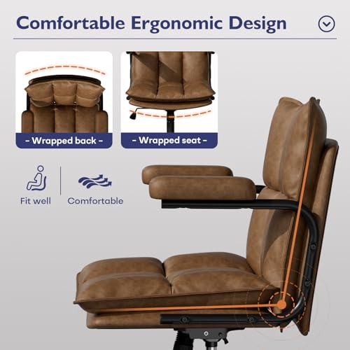 Image of Ollega Mid Century Modern Desk Chair, Vintage Leather Office Chair, Brown | Petite Computer Chair for Small to Medium Women, Thickened Back, Cozy Seat, Adjustable Height for Home