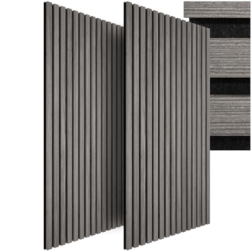 tectake® Paneles Acusticos Decorativos MDF, Chapa de Madera Real, Excelente Acústica, Tejido de Fieltro y Madera, Insonorización Acústica Pared - 60 x 120 x 2,1 cm 2 Paneles Roble Gris Claro