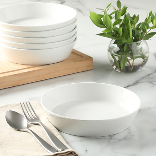 Image of Martha Stewart Selma Pasta Bowls Set of 6, 43oz White Porcelain Soup Bowls & Salad Bowl, Wide and Shallow, Chip Resistant, Dishwasher & Microwave Safe