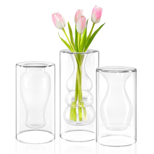 ZENS Unique Clear Small Flower Vase Set of 3, Modern Floating Decorative Vases, Double Hollow Cool Glass Vases, Hand Blown Bud Vases for Home Small Bouquet, Wedding Centerpieces