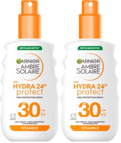 Image of Garnier Ambre Solaire SPF 30 Hydra 24 Hour Protect High protection UVB & UVA hydrating sun cream spray. Enriched with Vitamin E, Water Resistant Sunscreen, Non greasy, Fast Absorbsion, 150 ml
