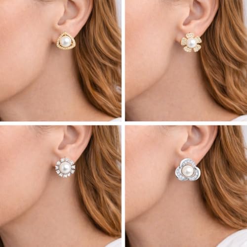 Image of Nilu's Collection Rose Gold Plated Triangular Design Pearl Stud Earrings With American Diamond for Women And Girls | Gift For Her | Anti- Allergy |Anti-Tarnish | Office Wear
