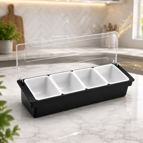 Image of 4-Compartment Condiment Dispenser with Lid | Salad Bar Container for Restaurant, Buffet, Catering & Home Use | Food Prep Station Organizer with Removable Containers