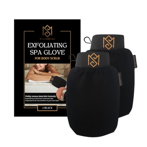 Exfoliating Glove Kessa Mitt Body Scrubber - Dead Skin Remover Shower Glove for Dead Skin Scrubbing and Deep Pore Cleansing - by MoroccanSource (2 Pack Black)