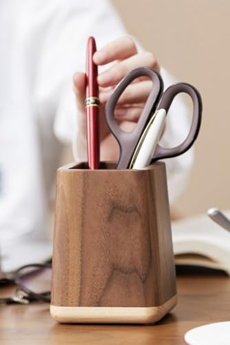 Image of Wooden Pen Holder Desktop Stationery Storage Box Large Capacity Office Organizer Storage Pen Stand, Brown