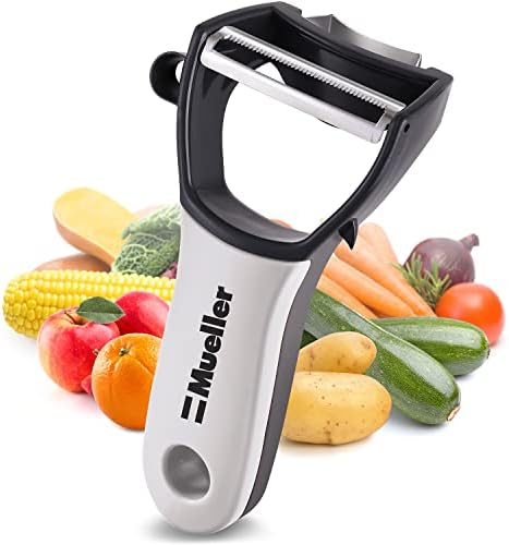 Mueller 4 in 1 Swift Julienne Vegetable Peeler - Citrus Fruit Peeler for Orange Lemon Cocktails - Carrot and Potato Peeler with Rotating Serrated Straight and Julienne Stainless Steel Slicer Blades
