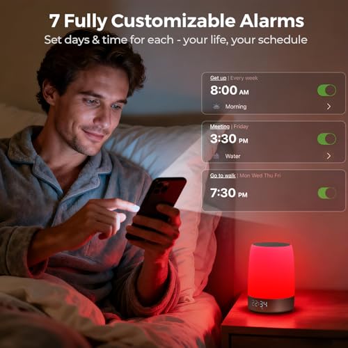Image of Smart Red Light Therapy Lamp & Sleep Sound Machine for Bedroom with Alarm Clock, 32 White Noises Sound Machine, Night Light with App Control, 5-Level Red Light (620-690nm), 2600mAh Battery（Large）