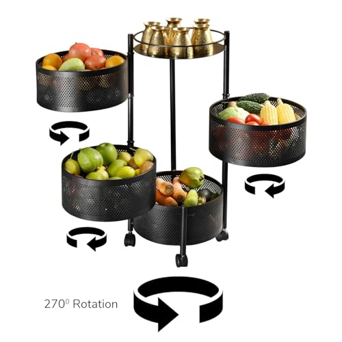 Image of KITCHIVO Kitchen Storage Rack | Revolving Vegetable Rack | Square Multipurpose Storage Trolley with Wheels | Metal Fruit Rack (Black Round, 4 Layer)