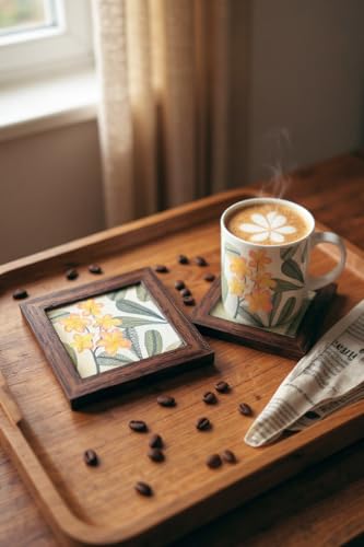 Image of Coaster | Wooden Square Shaped Frame | Stylish Ethnic Tabletop Design | Ideal for Home & Office | Perfect for Tea Cups, Coffee Mugs & Glasses (Frangipani, Set of 2)