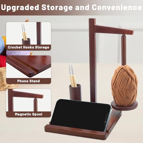 Image of Wooden Yarn Holder for Crocheting, Magnetic Rotating Yarn Spinner Yarn Spool Rack with Crochet Accessories Storage and Phone Stand, Yarn Ball Holder for Knitting Lovers
