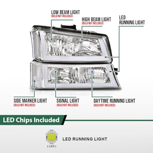 Image of GRAND ORANGE LED DRL Headlights Assembly Compatible with Chevy Silverado Avalanche 1500 2500 3500 HD Models 2003-2006 GM250222, GM2503224, 10396913 Headlamp Clear lens Chrome Housing Clear Corner