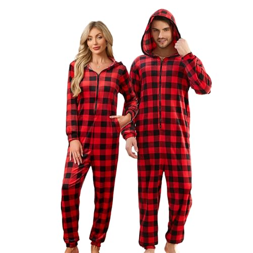 U2SKIIN Damen Schlafanzug für Paare kariert, Einteiler mit reißverschluss weich Pyjama mit Kapuze, Weihnachts Warmer Overall (Büffelkaro-Rot, M)