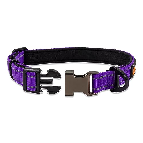 Strong Dog Collar Large Dogs - Purple Reflective Adjustable Padded Dogs Collars - Metal Buckle, Aluminium V-ring, Dog Safety