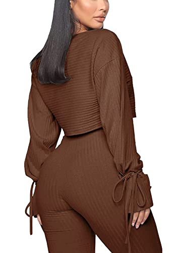Solid Color Two Piece Outfits For Women, Ribbed Long Sleeve Crop Top And Bodycon Jogger Pants Clubwear Ribbed Tracksuit Sweatsuit, Women's Fall Loose Athletic Clothing 2 Piece Sets (Coffee-1, M) #TOP3