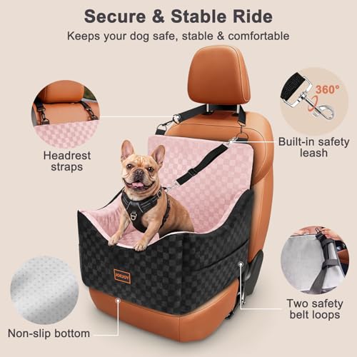 Image of JOEJOY Elevated Dog Car Seat for Small /Medium Dogs up to 35 lbs, Memory Foam Booster Seat with Detachable Washable Cover, Travel-Safe Car Bed with Safety Belts & Storage Pockets, Pink