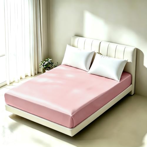 1 Piece Satin Fitted Sheet Only Classic Luxury Silky Soft Bed Sheets Solid Color (Pink, Fitted Sheet (Twin))