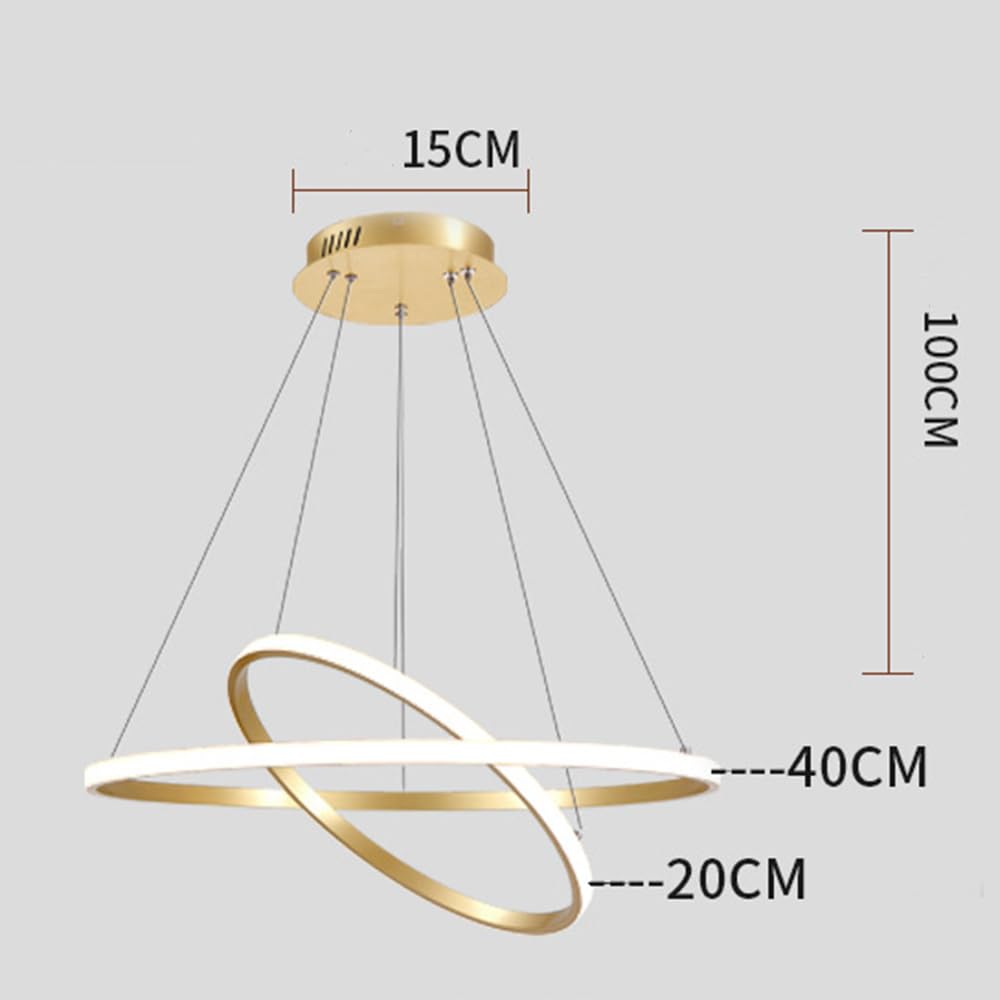 Mengjay Moderner 38W LED Kronleuchter, Kreativer 2 Ring Hängelampe Mit Höhenverstellbare Pendelleuchte, Dimmbar 3000K/4500K/6000K, Wohnzimmer Leuchter, Schlafzimmer, Esszimmer Pendelleuchte (Gold)