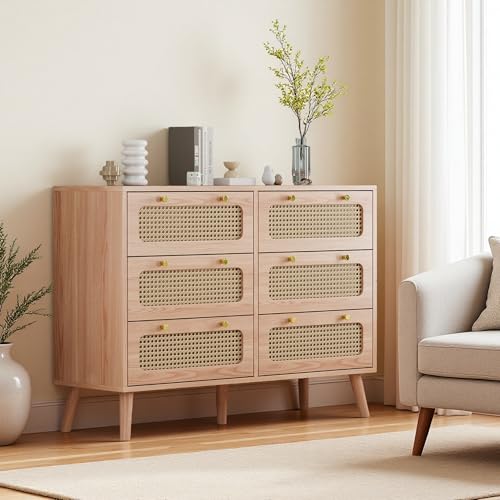 Yeutre Commode 6 tiroirs, Commode Chambre Cannage, Meuble de Rangement en Bois et rotin, pour Salon, Chambre, Salle à Manger (Cannage-6 Tiroirs, 100l x 34P x...