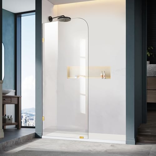 34' W ×74' H Shower Glass Panel, Frameless Bathroom Shower Door, Fixed Glass Shower Panel with Clamps, 5/16'(8mm) Thick Clear Tempered Shower Door in Brushed Gold