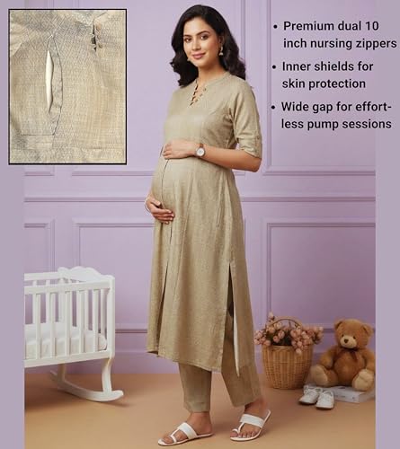 Image of DUMMY SHAPE Feeding Dresses for Women Full Set | Cotton Blend Maternity Kurta Pant Suit with Dual Nursing Zippers, Side Pocket to Pre & Post Pregnancy | Mom to Be Gifts