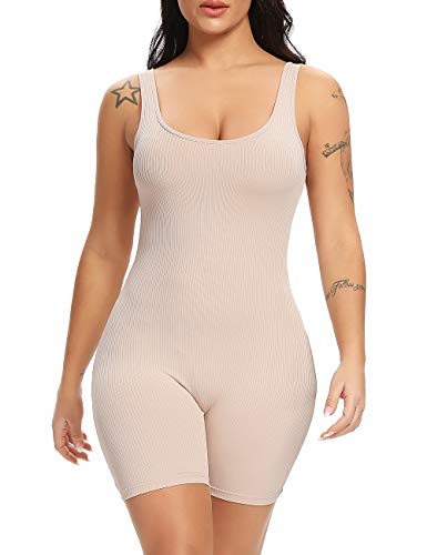 Fanuerg Women s Sexy Sleeveless Ribbed Bodycon Tank Top Rompers One Piece Short Jumpsuit Beige S