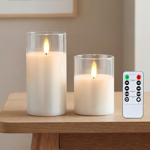 Image of Amagic 3 inchx4 inch6 inch Clear Glass Flameless Candles Battery Operated with Timer, Remote Control, LED Pillar Candles, Battery Powered, Valentine's Day Decor, Pure White Wax, Set of 2